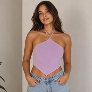 House of Harlow 1960 Ribbed Knit Cropped Halter Top in Lavender - Size: Medium